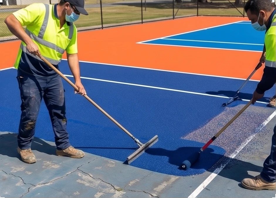 Two workers spreading a new acrylic coat on a blue and orange court