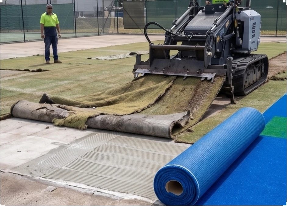 Old synthetic grass being lifted with new turf rolled out ready